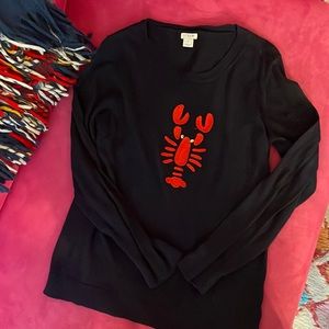 J Crew Factory navy knit top with red lobster embroidery and embellishment